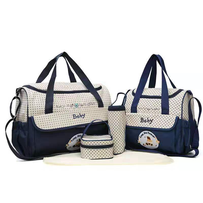 NNEDSZ Dark Blue 5-Piece Mommy Bag Set - Large Capacity Diaper Bags for Baby Travel, Tote and Shoulder Bags with Insulated Bottle Holder and Snack Bag